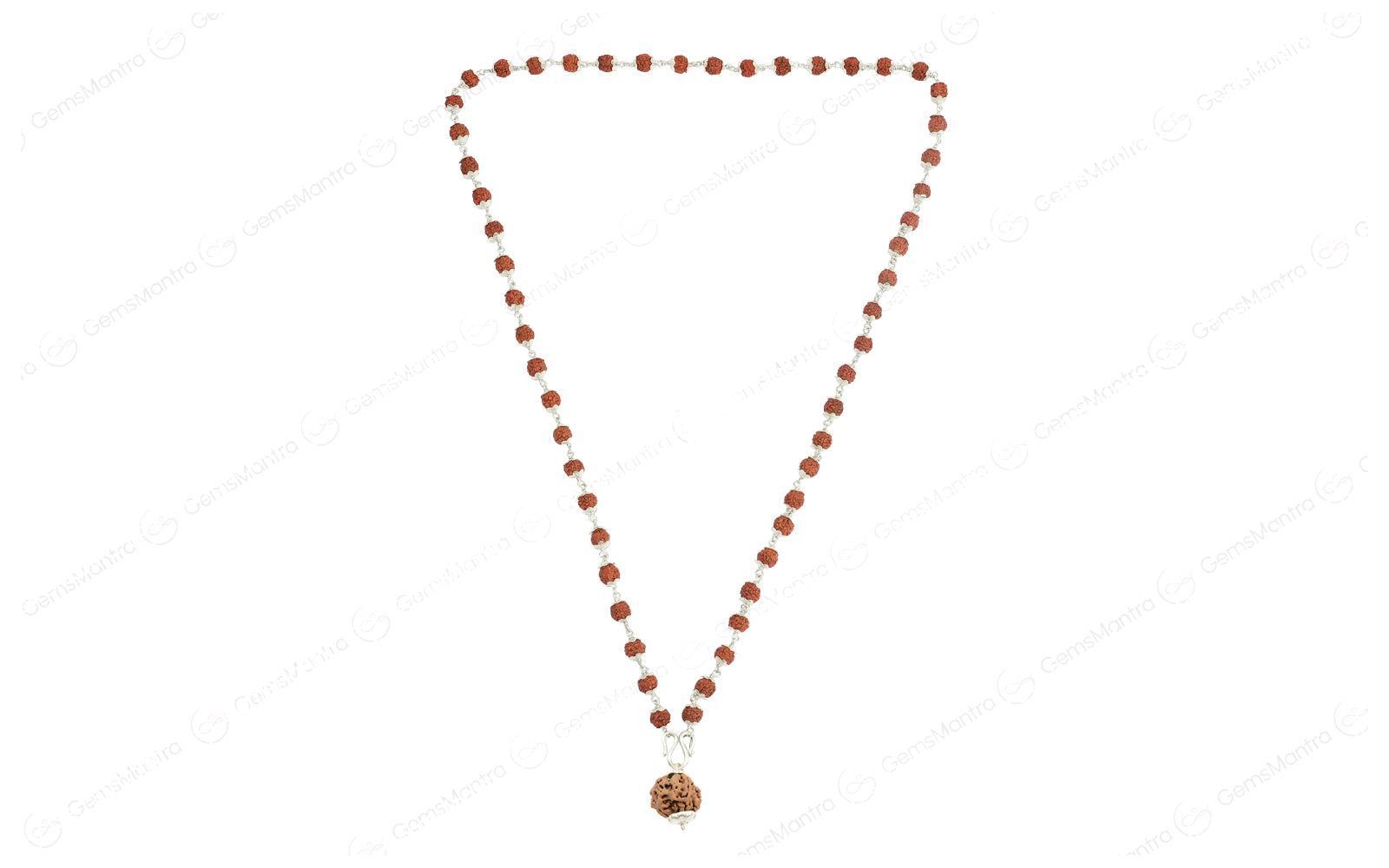 5 Mukhi Silver Rudraksha Mala - with Natural 5 Mukhi Rudraksha Pendant