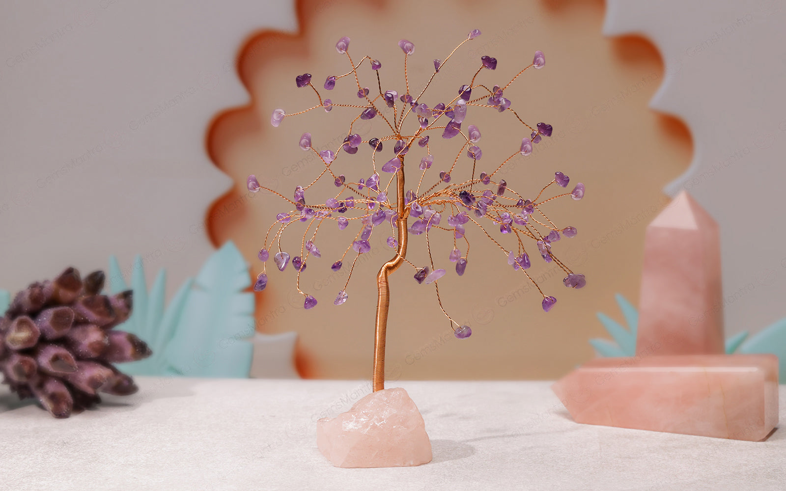 Amethyst Crystal Tree with Raw Rose Quartz – Large, for Vastu