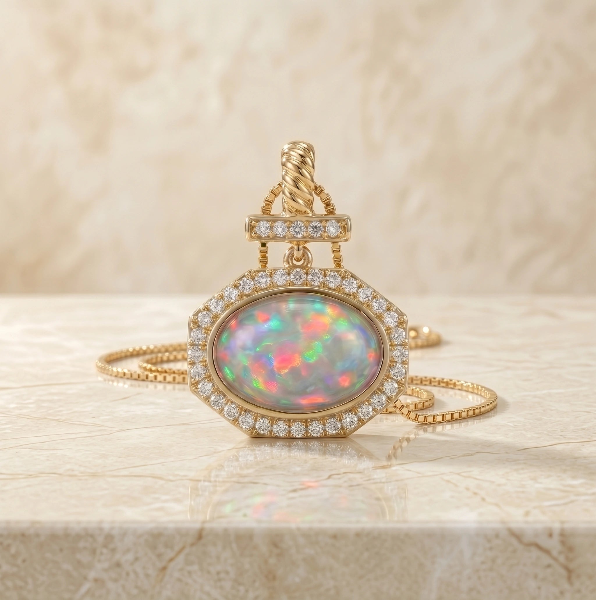 Bezel-Set Cushion Opal Pendant with Diamond Bar and Twisted Bail