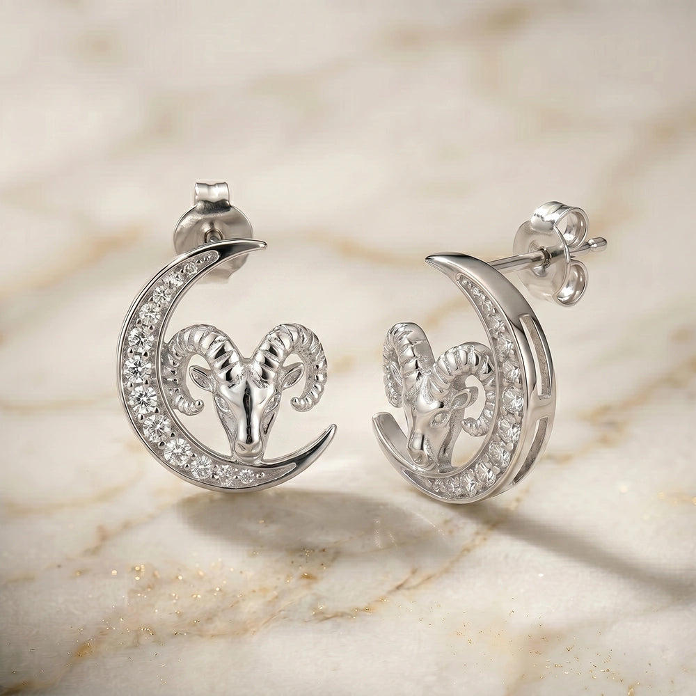 Aries Zodiac Crescent Moon Moissanite Stud Earrings – 925 Silver