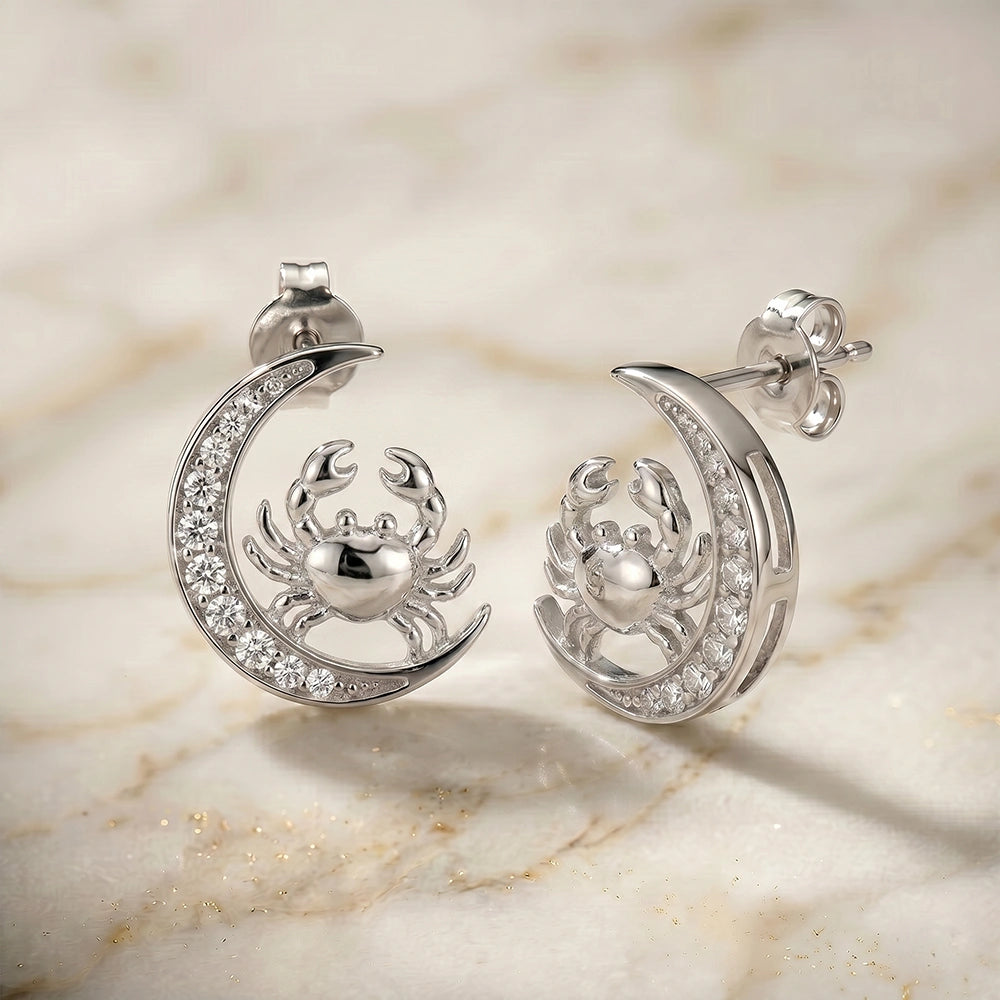 Cancer Zodiac Crescent Moon Moissanite Stud Earrings – 925 Silver
