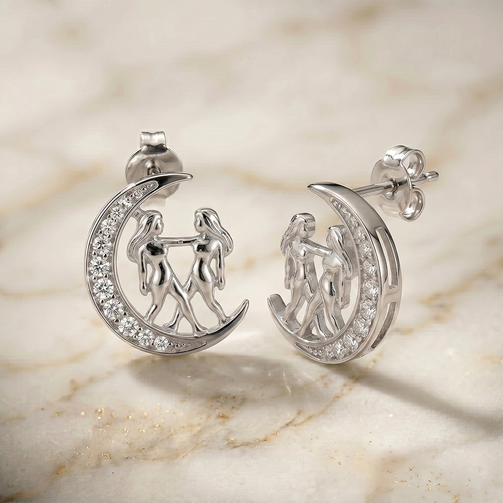 Gemini Zodiac Crescent Moon Moissanite Stud Earrings – 925 Silver