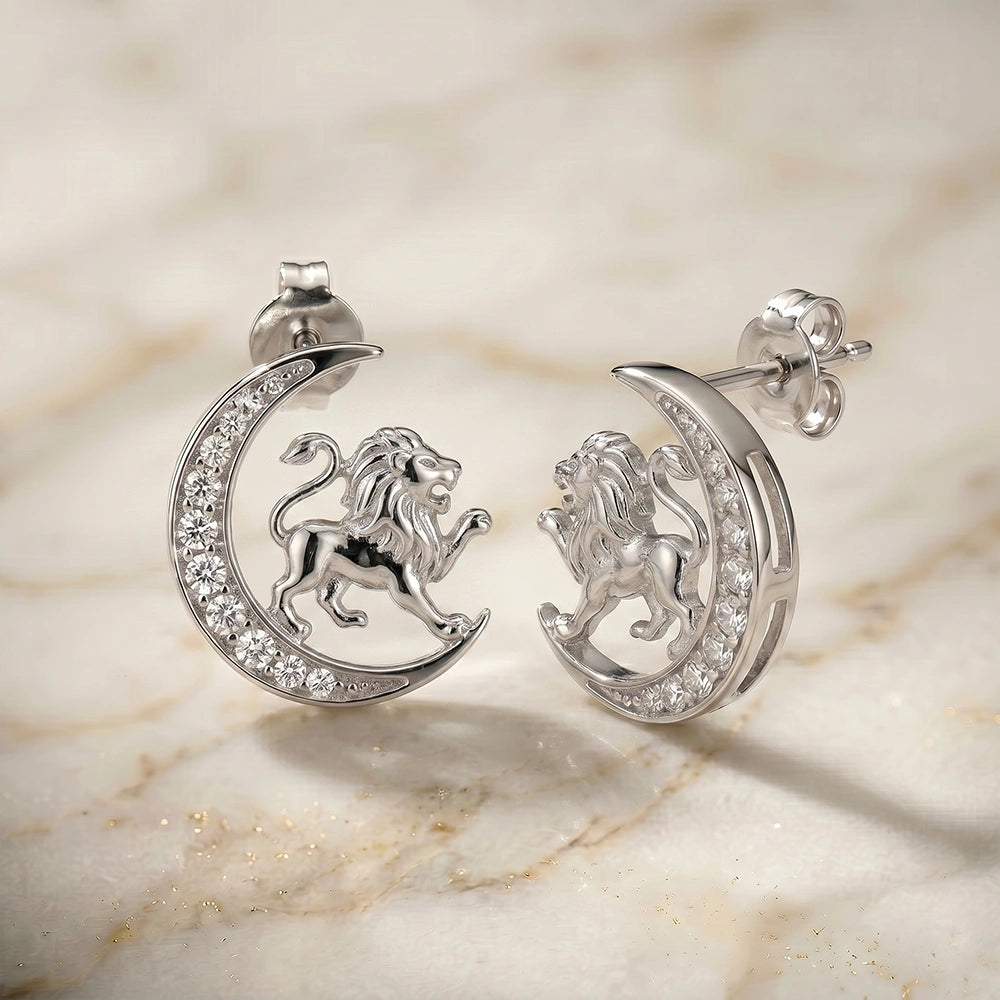 Leo Zodiac Crescent Moon Moissanite Stud Earrings – 925 Silver