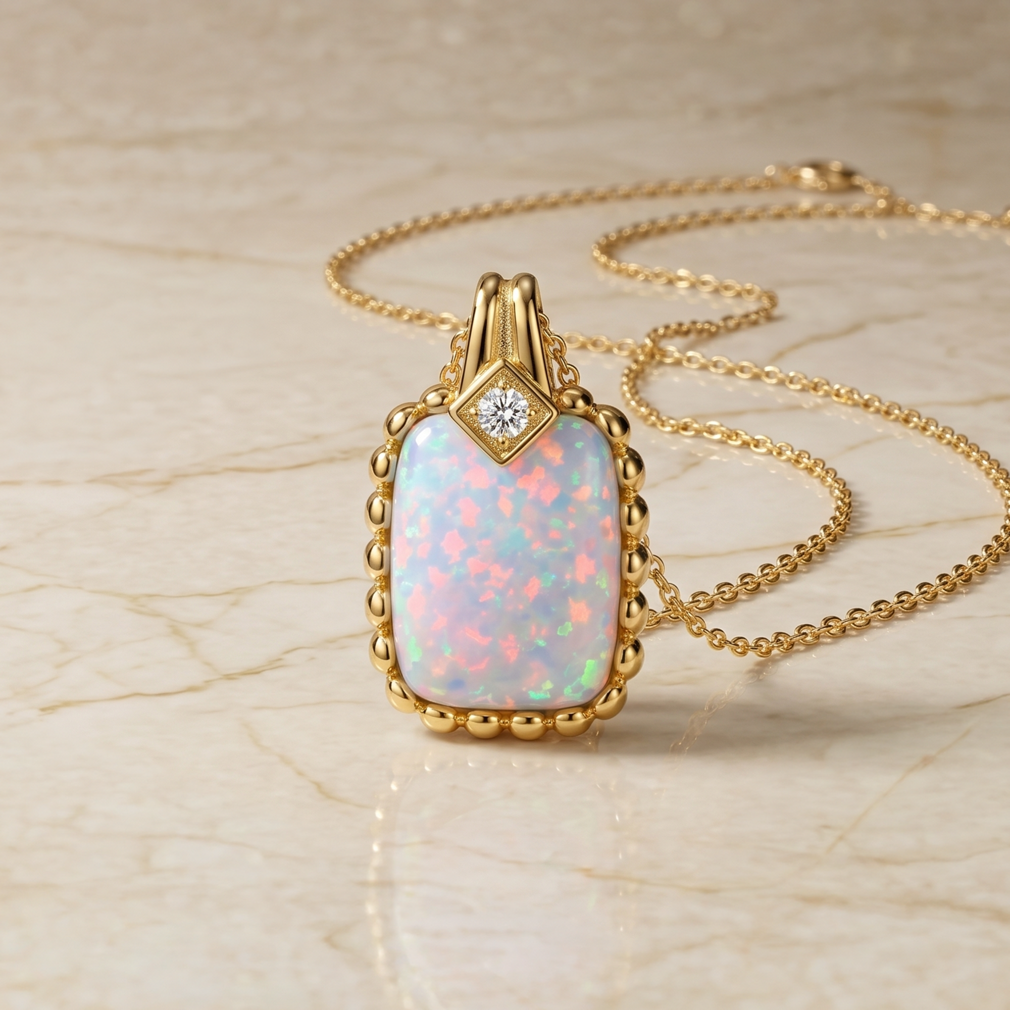 Cushion Opal Pendant with Beaded Chevron Halo