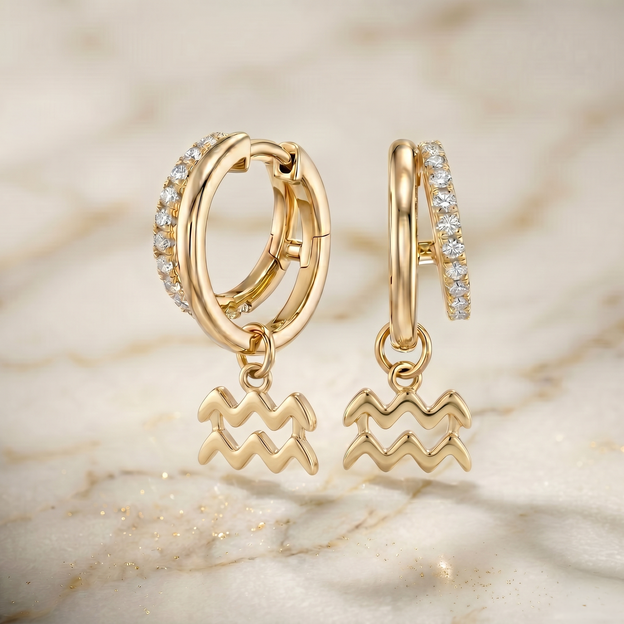 Aquarius Zodiac Moissanite Pavé Hoop Earrings – Gold-Plated