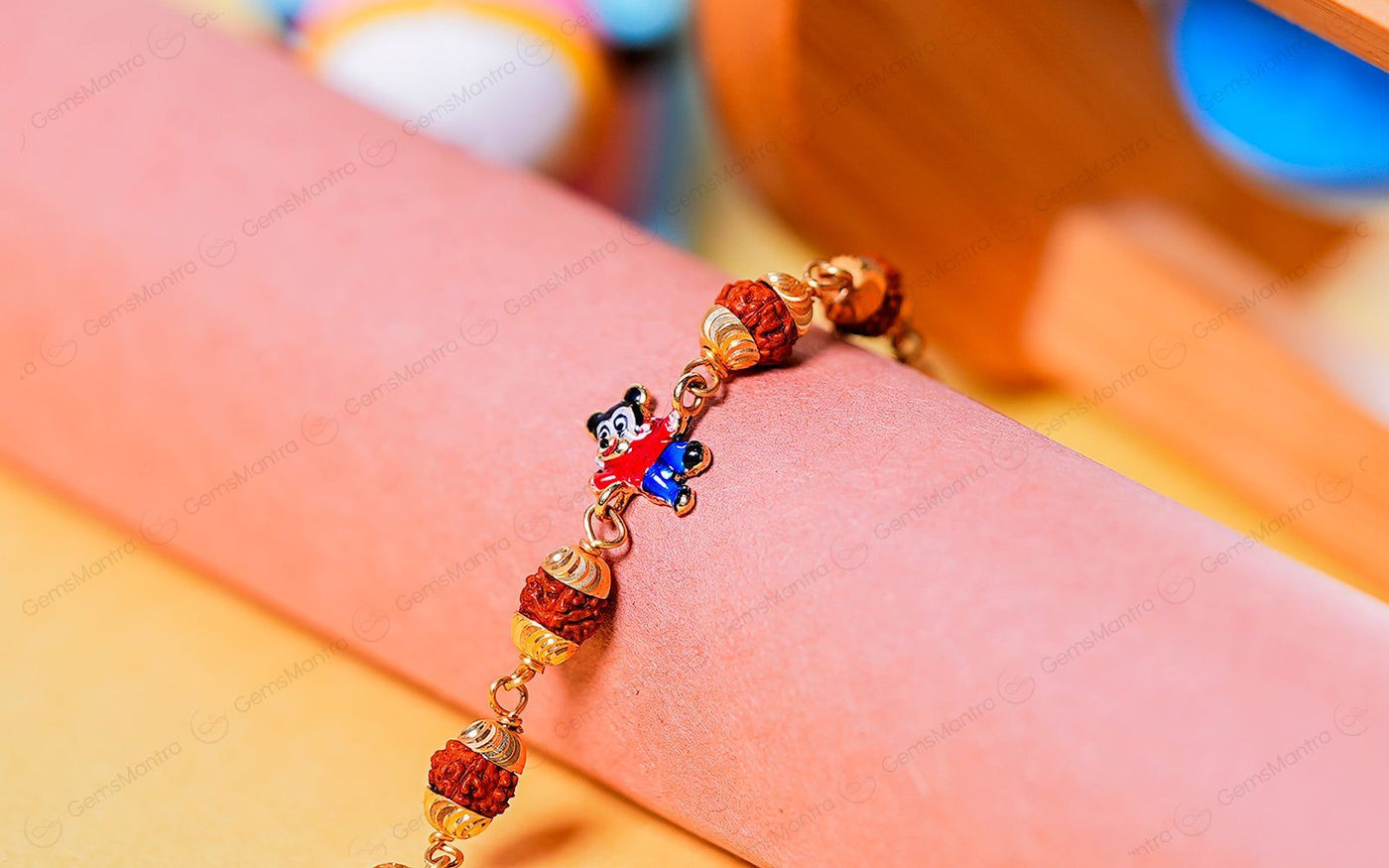 Original 5 Mukhi Rudraksha Gold Mickey Mouse Bracelet for Kids