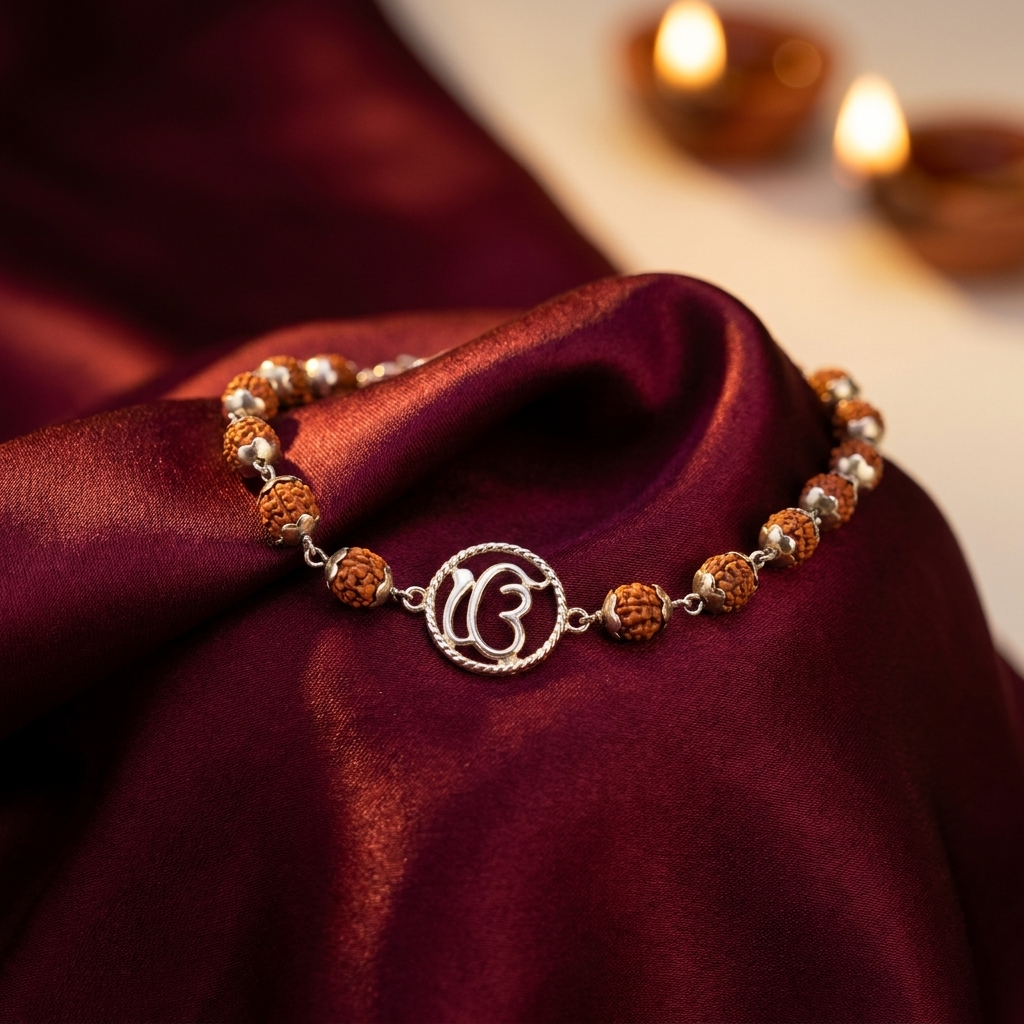Original 5 Mukhi Rudraksha Silver Onkar Bracelet for Kids – 4 Beads