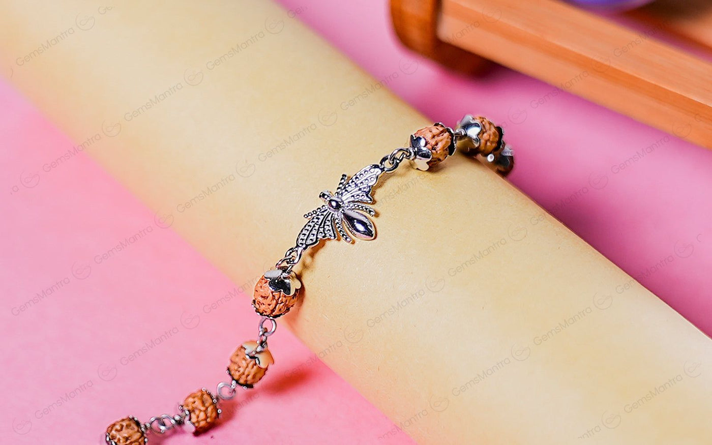 Original 5 Mukhi Rudraksha Silver Studded Butterfly Bracelet for Kids