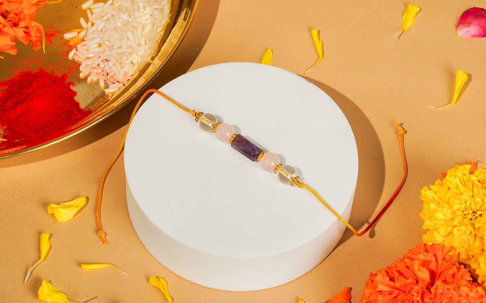 Triple Crystal Rakhi – Amethyst, Rose Quartz & Clear Quartz for Inner Peace & Love