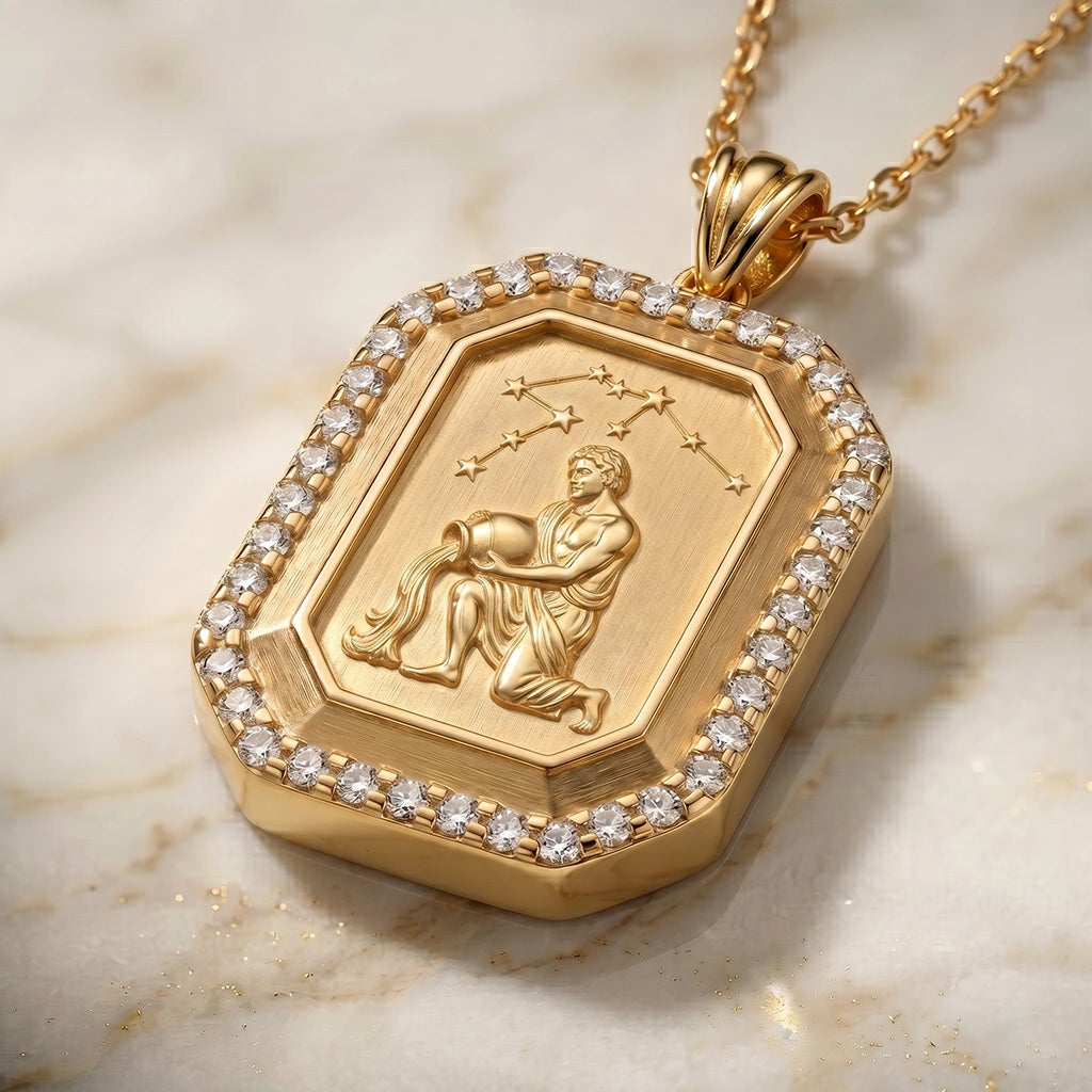 Aquarius Zodiac Constellation Moissanite Halo Pendant – Gold-Plated