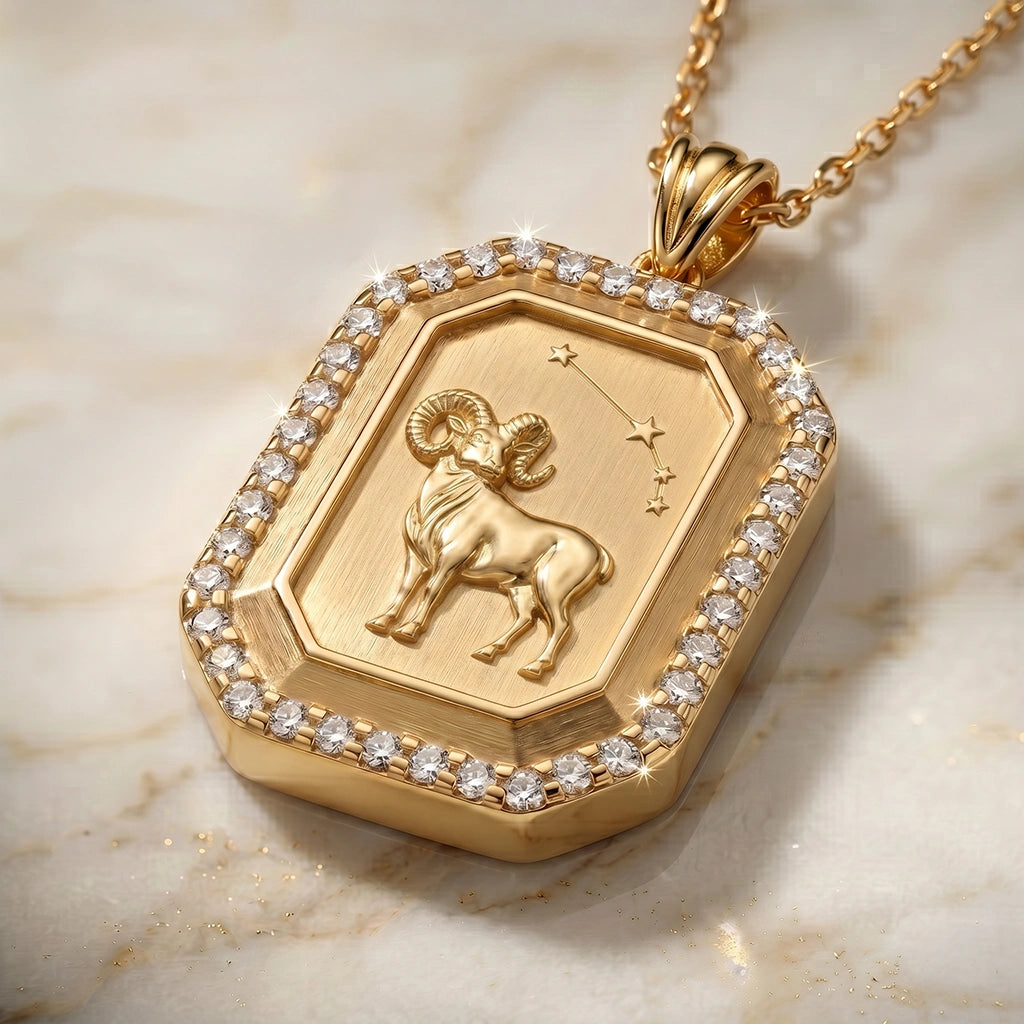 Aries Zodiac Constellation Moissanite Halo Pendant – Gold-Plated