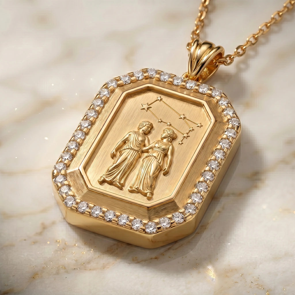 Gemini Zodiac Constellation Moissanite Halo Pendant – Gold-Plated