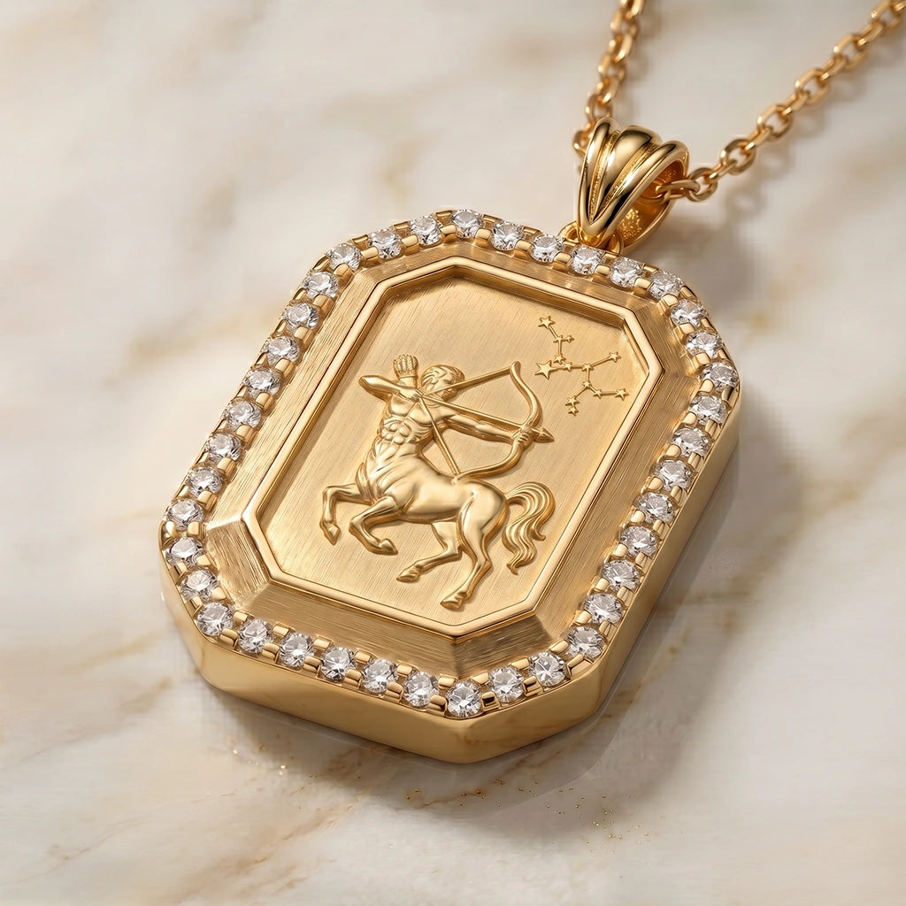 Sagittarius Zodiac Constellation Moissanite Halo Pendant – Gold-Plated